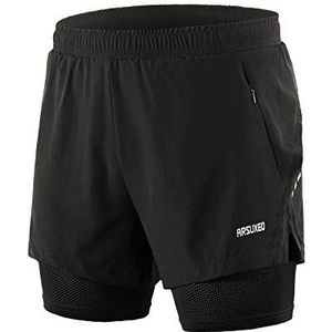 ARSUXEO Mannen 2 in 1 Running Shorts Ademend Rits Pocket B202, Zwart, XXL