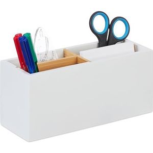 Relaxdays pennenbak, bamboe, 4 vakken, voor kantoorartikelen en make-up, bureau organizer, HBD: 8 x 21 x 9 cm, wit