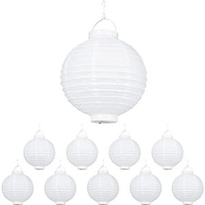 Relaxdays LED-lampions, wit, 10 stuks, op batterijen, binnen en buiten, om op te hangen, papieren lantaarn, Ø 20 cm, wit