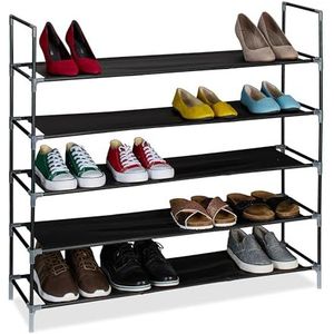 Relaxdays schoenenrek, 5 etages, HBD: 91x100x28 cm, metalen opbergrek schoenen, stoffen planken, hal, zwart/transparant