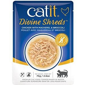 Catit Divine Shreds Premium kattenvoer, droogvoertopping, topping voor droogvoer, kippenvlees met makreel en broccoli, per stuk, 75 g