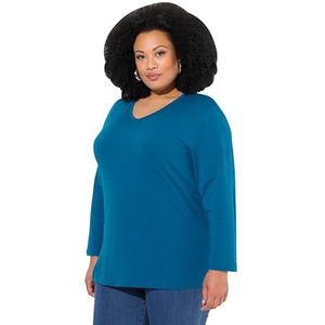 Ulla Popken Dames grote maten plus size shirt, V-hals, relaxed, lange mouwen, blauwgroen, 50/52 NL