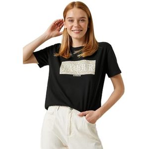 Koton Dames T-shirt met korte mouwen, luipaardprint, katoen, zwart (999), S