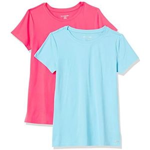 Amazon Essentials Dames Tech Stretch T-shirt met korte mouwen en ronde hals (verkrijgbaar in grote maten), 2-Pack, Blauw/Neonroze, XS
