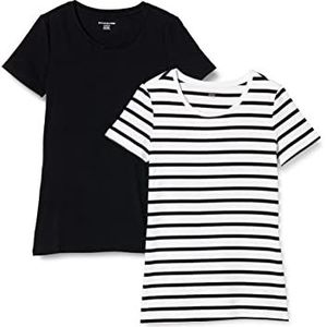 Amazon Essentials Women's T-shirt met korte mouwen en ronde hals in klassieke pasvorm, Pack of 2, Wit Streep/Zwart, XS