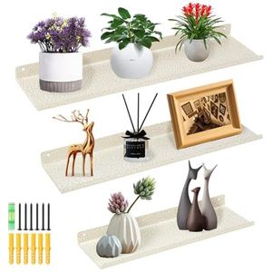 Uten Zwevende planken, rustieke ijzeren wandplanken, set van 3, decoratieve fotoboek displayplanken voor slaapkamer, woonkamer, keuken, badkamer en kantoor, wit met gouden stippen