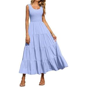 PRETTYGARDEN Women's Casual Loose Plain Maxi Sundress Smocked Tank Dress Sleeveless Summer Beach Tiered Long Dresses (Blue,Medium)