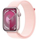 Apple Watch Series 9 (GPS 45 mm) Smartwatch - Kast van roze aluminium - Lichtroze geweven sportbandje. Conditie bijhouden, Saturatie-app en Ecg-app, Always-on Retina-display, CO₂- neutraal