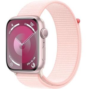 Apple Watch Series 9 (GPS 45 mm) Smartwatch - Kast van roze aluminium - Lichtroze geweven sportbandje. Conditie bijhouden, Saturatie-app en Ecg-app, Always-on Retina-display, CO₂- neutraal