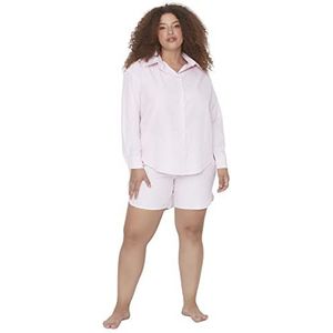 Trendyol Dames effen gebreide T-shirt-broek plus grootte pyjama set, roze, 68 grote maten