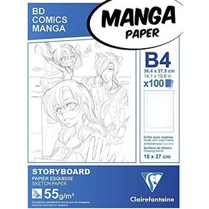 Clairefontaine 94039C Manga Block Storyboard (ideaal voor tekenen van manga en multitechnieken, DIN B4, 27,5 x 37,4 cm, 100 vellen, 55 g, met eenvoudig raster) wit