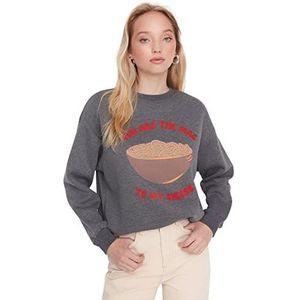 Trendyol Dames ronde hals met slogan getailleerd sweatshirt, antraciet, XL, Antraciet, XL