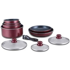 Herzberg HG-5000 Kookgerei, inductiepannenset, pannenset voor alle warmtebronnen, kookset met steencoating en afneembare handgreep, 10-delig, bordeaux
