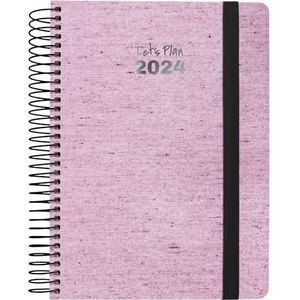 Grafoplás Spiraalkalender 2024, roze Ecojeans, 15 x 21 cm, Spaans, dagpagina, spiraalbinding, hardcover met gerecycled denim, elastische sluiting, perfect voor het plannen van je
