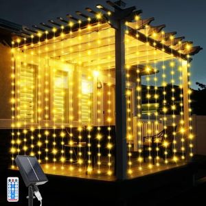 JIMACRO Lichtslingers op zonne-energie, 3 m x 3 m, waterdichte gordijnverlichting, 10 stuks, hangende lichtslingers, 8 modi, 300 leds, waterval, tuinverlichting met afstandsbediening, voor kerstfeest,