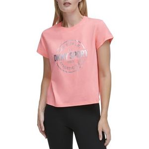 DKNY Dames Metallic Athletic Medallion Logo Cropped Tee, Atomic Pink, Medium, Atomic Pink, M