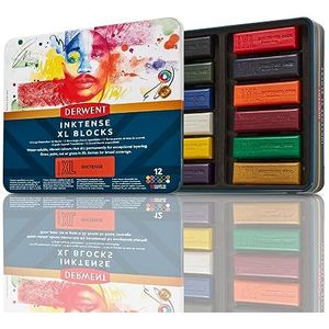 Derwent Inktense XL Blocks, Blik van 12 Waskrijtjes, 60mm, Extra Grote Krijtjes, Wateroplosbaar, Ideaal voor Schetsen, Tekenen en Expressieve Vlekken, Professionele Kwaliteit, 2306162