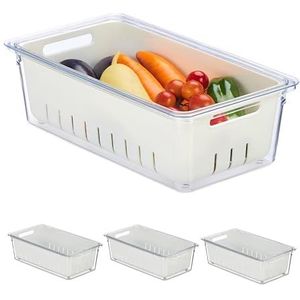 Relaxdays koelkast organizer, set van 4, stapelbaar, bakjes, groente, fruit, opbergbakjes met deksel, transparant/wit