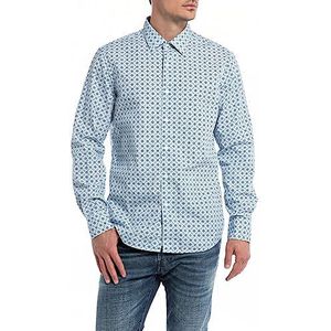 Replay heren overhemd, Navy/Light Blue Stripe 010, XL