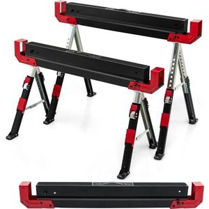 FANTASK Set van 2 werkbokken, in hoogte verstelbaar, tot 1180 kg belastbaar, met handgreep, inklapbare zaagbok, antislip pvc-bovenkant, rood + zwart, draagbare onderstelbok