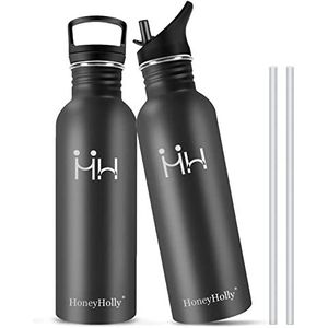HoneyHolly Waterfles van roestvrij staal, 500 ml, drinkfles van roestvrij staal, rietje, BPA-vrij, milieuvriendelijke drinkfles, lekvrij, voor sport, fitnessstudio, reizen