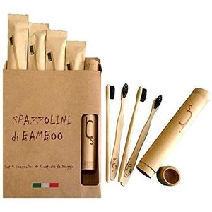 Bamboe tandenborstel, set met 4 bamboe-tandenborstels, geschenketui voor reizen, draagbaar, milieuvriendelijk, biologisch afbreekbaar, veganistisch, natuurlijke actieve koolborstels