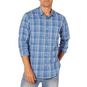 Amazon Essentials Men's Casual poplin overhemd met normale pasvorm en lange mouwen, Aquablauw Plaid, XS