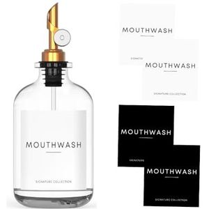 WASHEE Mondwaterdispenser voor badkamer - glazen mondwatercontainer (13 oz) met verzwaarde schenktuit en 4 mondwaterfleslabels, perfect voor badkamerorganisatie en boerderijdecoratie