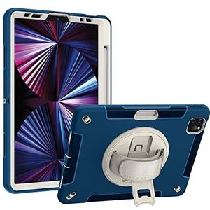 beschermhoes voor iPad 2021/2020/2018, 11 inch, robuuste beschermhoes met 360 graden draaibare standaard, verstelbare polsband & penhouder – gebroken wit + blauw