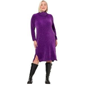Ulla Popken Chenille damesjurk met structuur, col, lange mouwen, donkerviolet, 54-56