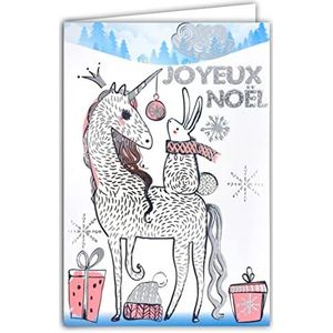 Afie 61-5676 Kerstkaart met envelop en zilver glanzend fonkelend glinsterend eenhoorn hoorn kroon pony paard haas witte sjaal roze geschenken magische sneeuwvlokken voor kleine meisjes