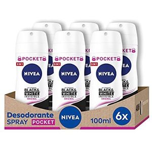 NIVEA Black & White Invisible Original Spray Pocket in verpakking van 6 stuks (6 x 100 ml), deodorant voor dames met 48 uur bescherming, anti-transpirant deodorant voor vrouwenverzorging