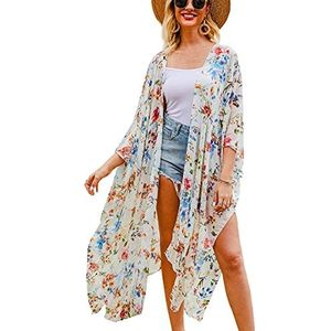 Hibluco Kimono, dames, zomer, chiffon, bloemen, strand, cardigan, lange cover-up, K64, 3XL
