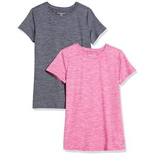 Amazon Essentials Dames Tech Stretch T-shirt met korte mouwen en ronde hals (verkrijgbaar in grote maten), 2-Pack, Donkergrijs Ruimteverf/Framboos Ruimteverf, L