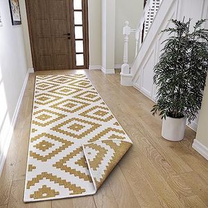 NORTHRUGS Malta Omkeerbaar tapijt voor binnen en buiten, plat weefsel, geometrisch design, ÖKO-TEX, weerbestendig en uv-bestendig voor balkon, terras, tuin, oker, 80 x 250 cm