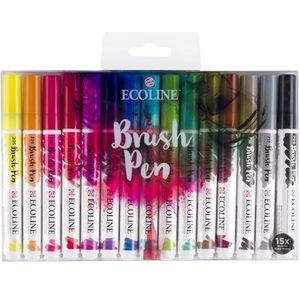 Ecoline Brush Pen Set van 15 - Basiskleuren | Penseelstiften met Aquarelverf voor Bullet Journal, Handlettering, Kleurboeken & Tekenen