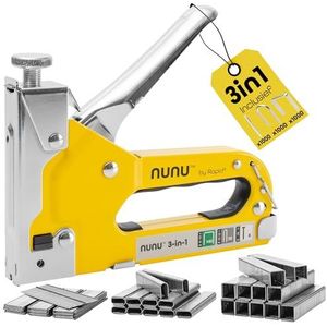 NUNU 3-in-1 Handtacker, Set met 3.000 nieten en brads, Tacker voor hout, textiel en folies, instelbare slagkracht en ergonomisch ontwerp
