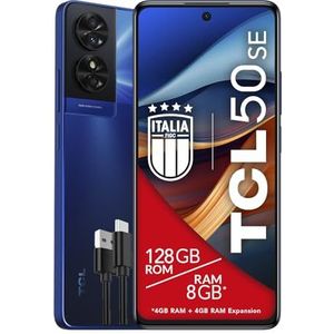 TCL 50SE Smartphone 4G Display, 6,78 inch FHD+ 90 Hz, 128 GB, 8 GB RAM (4 GB + 4 GB RAM-uitbreiding), 50 MP hybride camera, Android 14, batterij 5010 mAh Fast Charging, Dual Sim, blauw, extra USB