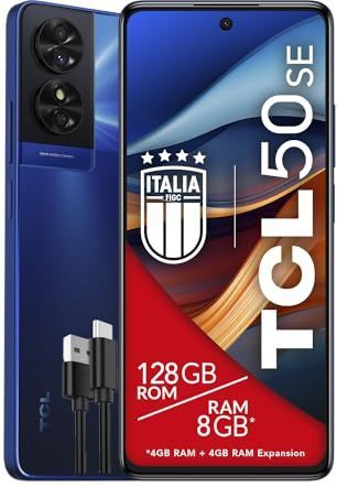 TCL 50SE Smartphone 4G Display, 6,78 inch FHD+ 90 Hz, 128 GB, 8 GB RAM (4 GB + 4 GB RAM-uitbreiding), 50 MP hybride camera, Android 14, batterij 5010 mAh Fast Charging, Dual Sim, blauw