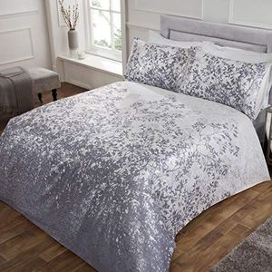Sleepdown Jacquard bloemen silhouet blad print wit zilver zacht, gezellig luxe dekbedovertrek met kussenslopen-tweepersoons (200 cm x 200 cm), polyester en katoen