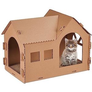 Relaxdays kattenhuis karton, kattenmeubel met krabplank, bouwpakket, inclusief kattenkruid, HBD: 36 x 49 x 29 cm, bruin
