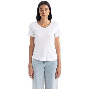 DeFacto Dames T-shirt V-hals - klassiek basic shirt voor dames - comfortabel T-shirt voor vrouwen, wit, XS