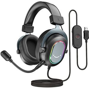 FIFINE Gaming headset met microfoon, over-ear hoofdtelefoon met kabel, USB-headset voor PC PS4 PS5, RGB-hoofdtelefoon met 3 EQ-modi, surround sound en oorkussens