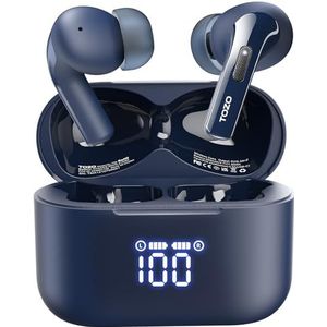 TOZO T20 Bluetooth-hoofdtelefoon, draadloos, Bluetooth 5.3, met ENC-oproep, led-display, ORIGINX 2.0, akoestisch, EQ, 48,5 uur batterijduur, ondersteunt draadloos opladen en USB type C IPX8, blauw