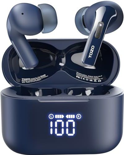 TOZO T20 Draadloze oordopjes, Bluetooth-oortelefoon 48,5 uur speeltijd met LED Digitaal Display, IPX8 waterdicht, Dual Mic Call Noise Cancelling, 10 mm breed bereik luidsprekers (blauw)