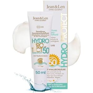 Jean & Len Sensitive Zonnebrandvloeistof SPF 50, licht en snel intrekkend, voor de gevoelige huid, zonder microplastic, octocryleen, geurstoffen, veganistisch, zonverzorging gezicht, 50 ml