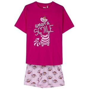 Korte Disney-pyjama voor volwassenen, roze, maat S, 2-delig, van katoen en polyester, bedrukt met Cheshire kat, origineel product, Roze, S