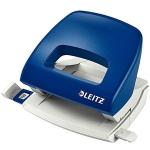 Leitz Kleine kantoorperforator van metaal, 16 vellen, aanslagrail met formataanduidingen, ergonomisch design, blauw, 50380035