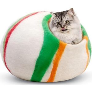 Kattenmand van wol (medium), handgemaakt van 100% merinowol, milieuvriendelijk vilten kattenhol voor indoor katten en kittens (Candy Swirl)