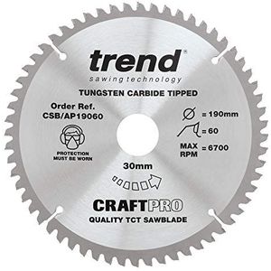 Trend CraftPro TCT-cirkelzaagblad voor werkbladen in aluminium en kunststof, 190 mm diameter x 60 tanden x 30 mm asgat, wolfraamcarbide getipt, CSB/AP19060